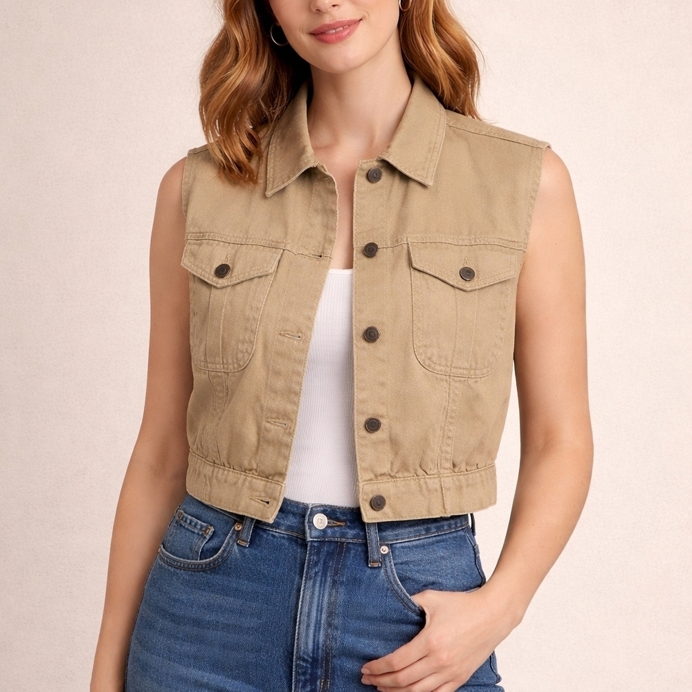 Vintage Lizsport 1980s Denim Cropped Tan Western Baddie Waistcoat Vest